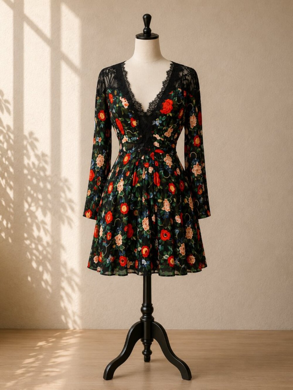 NWT Anthropologie Lacy V-Neck Mini Dress in Black Floral Motif Women’s Size 14